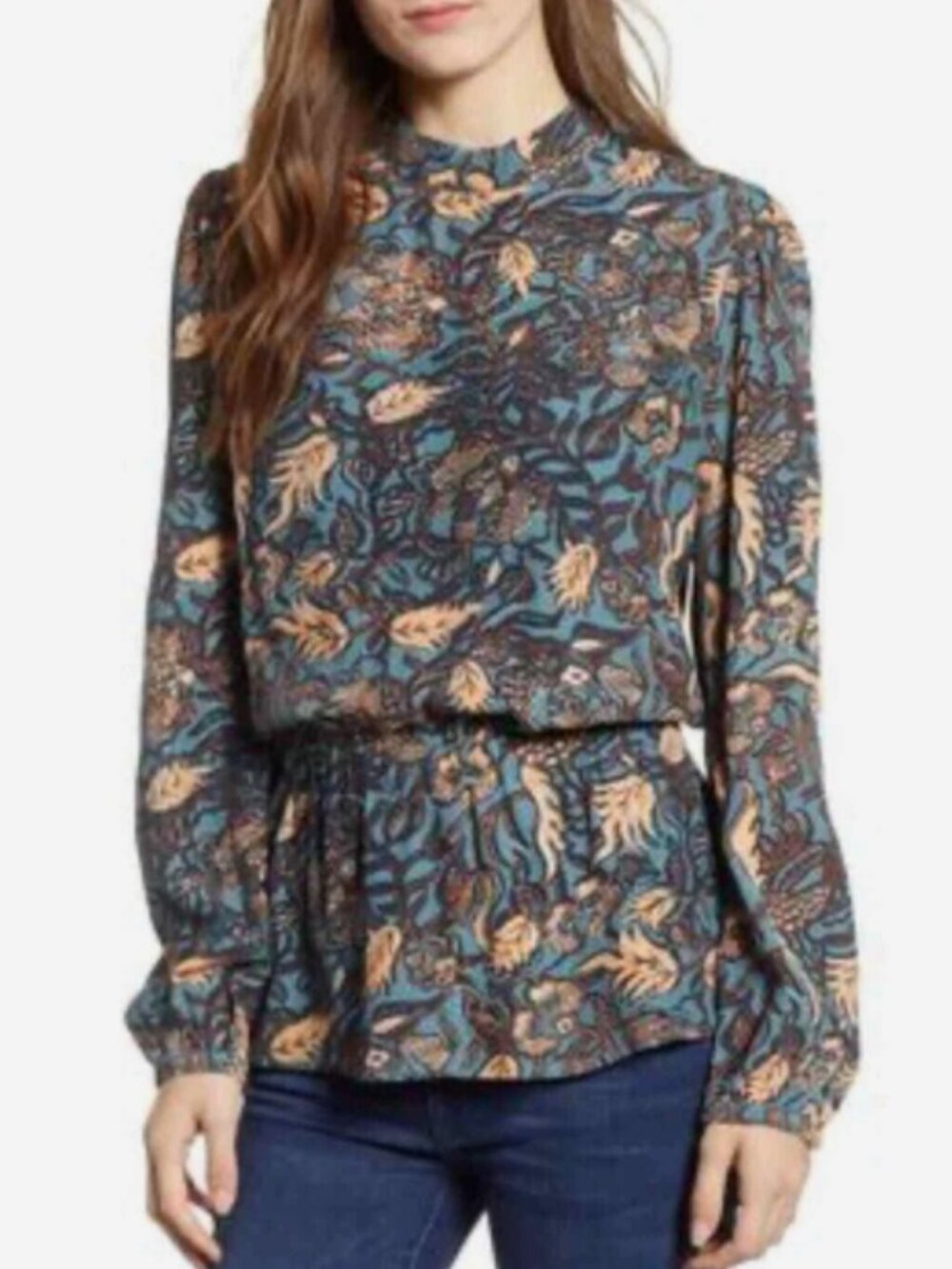 Hinge Floral Peplum Viscose Blue Orange Top